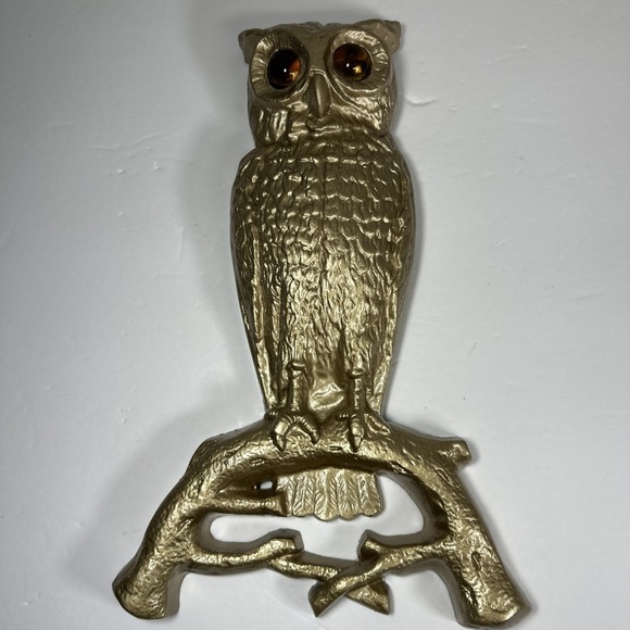 Antique Cast Metal Owl With Glass Eyes Wall Decoration 14.5